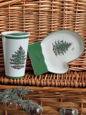 Spode set Christmas Tree Travel Mug and Mitten plate dish